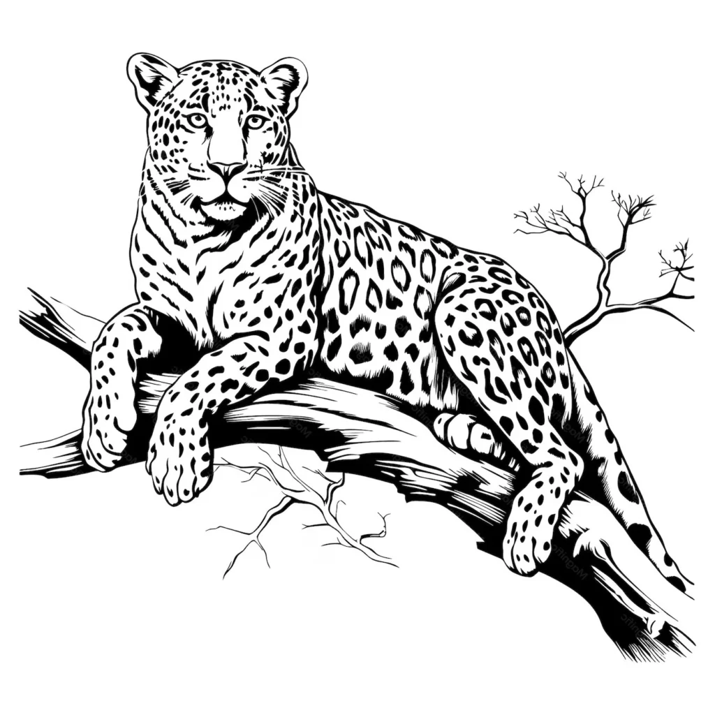 Black and white illustration of a Sri Lankan Leopard resting on a tree branch for Wilpattu Safaria branding.